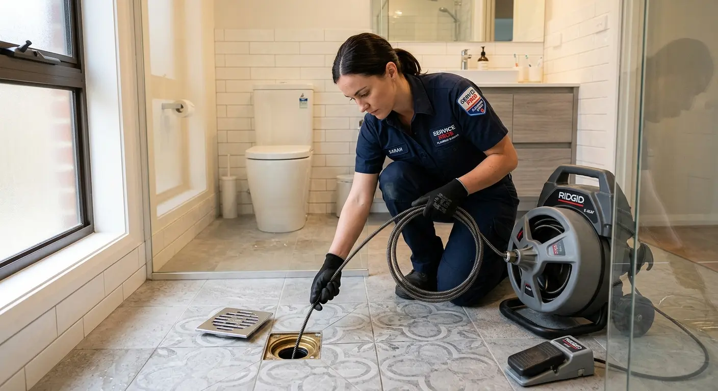 Technician clearing a bathroom floor drain for Clogged Drain Repair in Wilkes-Barre
